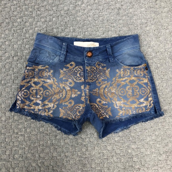 Pants - Luleg Shorts Womens 36/28 Blue Gold Metallic Print Frayed Hem Brazilian Denim